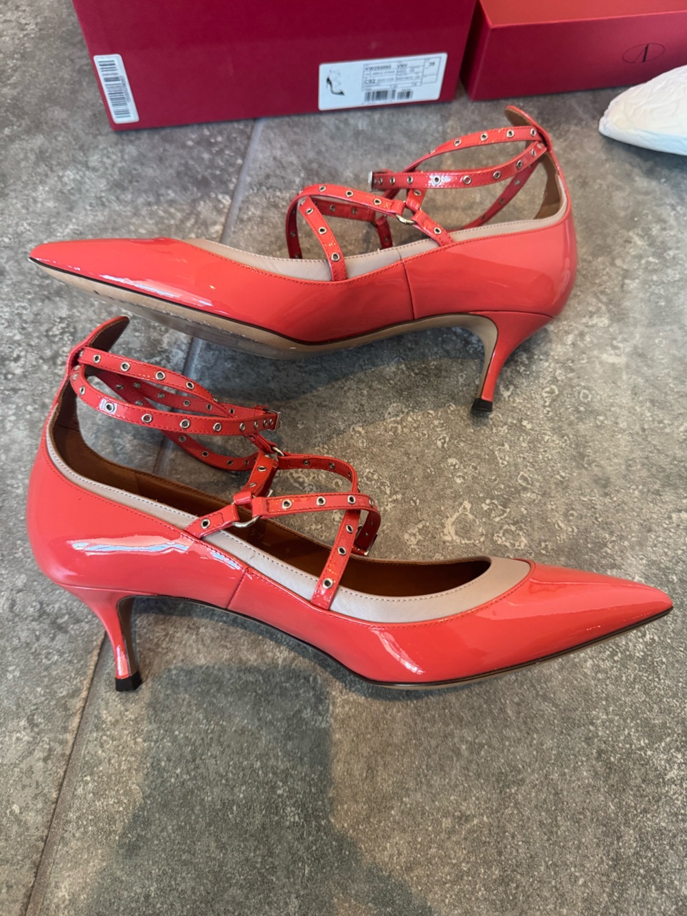 VALENTINO GARAVANI Patent Love Latch 2 inch Pumps Deep Coral ankle strap heel